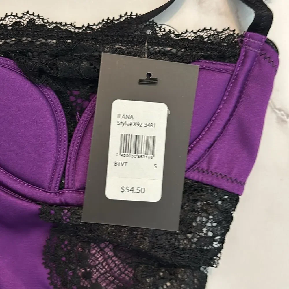 NWT Frederick's of Hollywood Ilana Purple Black Lace Mesh Bodysuit Teddy